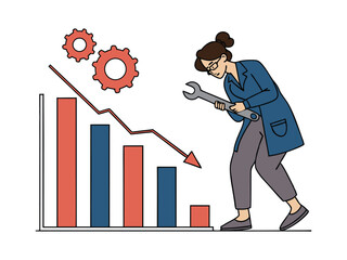 Woman Fixing Downward Graph with Wrench Cartoon Illustration