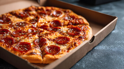 National pizza day celebration and festival idea. Delicious pepperoni pizza in a takeaway box.