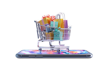 Shopping cart on smartphone screen, online shopping concept