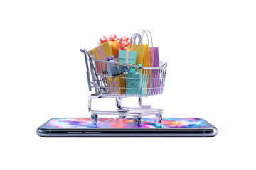 Shopping cart on smartphone screen, online shopping concept