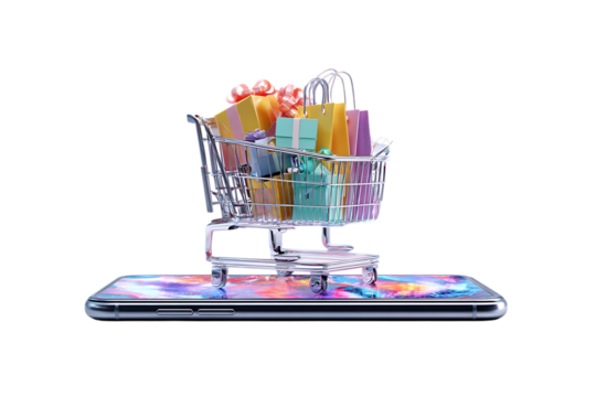 Shopping cart on smartphone screen, online shopping concept