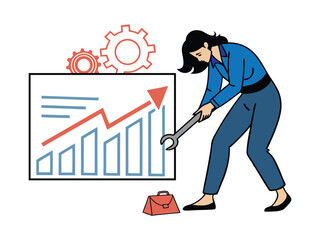 Woman Adjusting Growth Graph with Wrench Cartoon Illustration