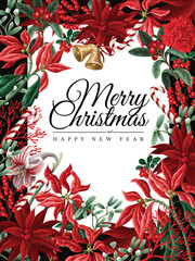 Fototapeta premium Vector Christmas floral card set with red flowers and candy.