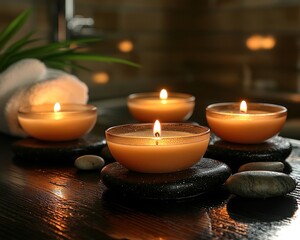 Four small, round candles, subtly lit, resting on dark stones on a wooden surface, with a towel and plant in the background