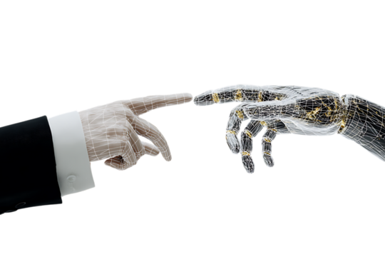 Human hand touching robotic hand, symbolizing AI collaboration.