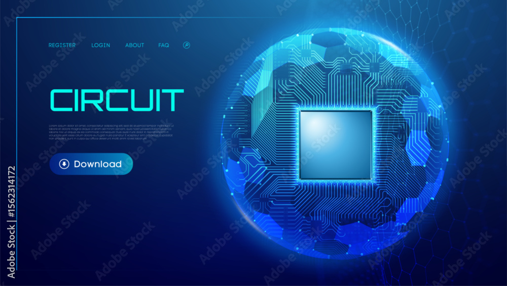 Poster semiconductor background with ai circuit and tech chip design in blue digital lines. abstract board 