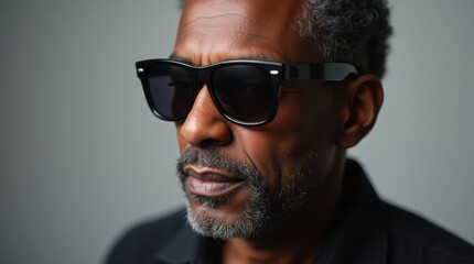 Obraz premium A blind African American man wearing dark sunglasses and a black collared shirt, neutral background, focus on dignity and individuality.