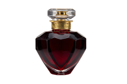 Elegant dark red perfume bottle isolated on black background.