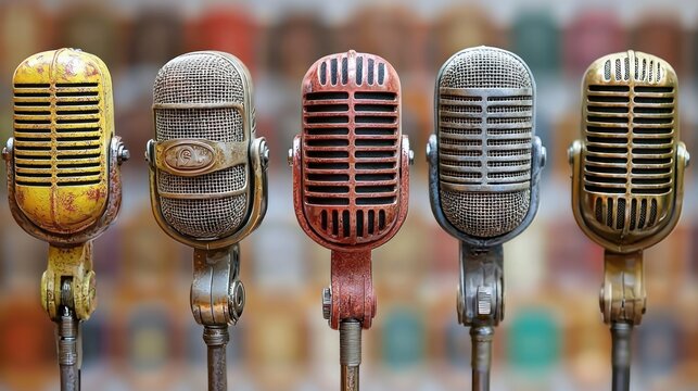 Row of aged, colorful vintage microphones