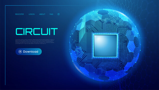 Semiconductor background with AI circuit and tech chip design in blue digital lines. Abstract board vector for cloud data or computer network concept. Futuristic microchip template with light pattern.