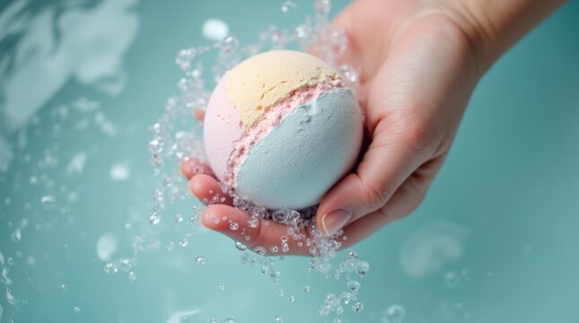 A hand holding a dissolving bath bomb under water, macro shot showing fizz and color, personal care and beauty concept.

