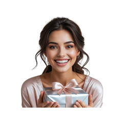 Beautiful Woman Holding a Gift, Joyful Expression, Surprise Present
