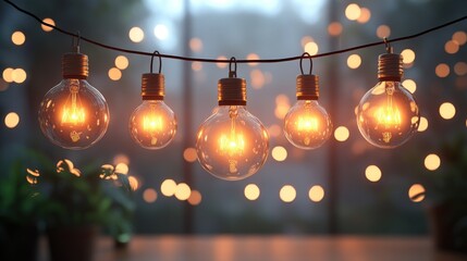 Warm, glowing Edison bulbs strung in a row, softly lit
