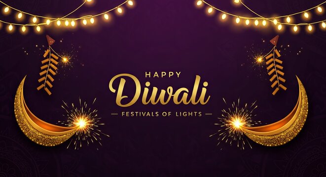 Happy diwali festival of lights with golden diya and firecrackers