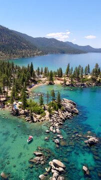 Lake Tahoe - Vertical Aerial Shot of Sand Harbor on Clear Summer Day - CounterClockwise Rotation