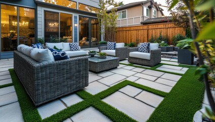 Fototapeta premium Outdoor patio with wicker furniture and artificial grass between stone pavers in backyard setting