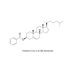 Cholest-5-en-3-ol (3β), benzoate skeletal structure. Sterol ester compound schematic illustration. Simple diagram, chemical formula.