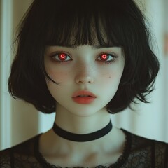 Intense, digital portrait of a young woman with striking red eyes