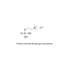 Choline chloride dihydrogen phosphate skeletal structure. Phosphorylated choline derivative compound schematic illustration. Simple diagram, chemical formula.
