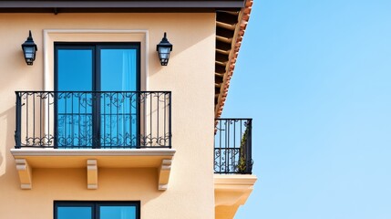 Fototapeta premium Mediterranean Villa Balcony with Wrought Iron Railing, Architecture, Exterior