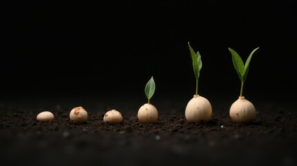 Several seeds at different stages of germination, shown in a time-lapse animation against a dark background, scientific and dramatic effect.

