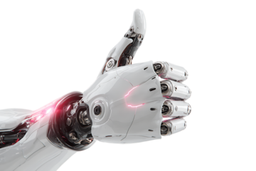 Robotic hand giving thumbs up, AI technology concept.
