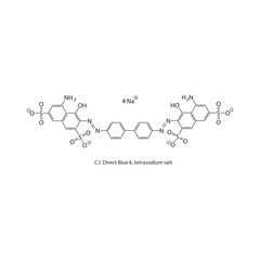 C.I. Direct Blue 6, tetrasodium salt skeletal structure. Synthetic dye compound schematic illustration. Simple diagram, chemical formula.