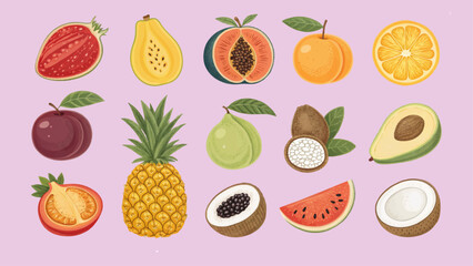 An assortment of colorful, hand-drawn tropical fruits like pineapple, papaya, and watermelon arranged on a pastel background.