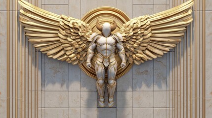 Stunning sculpture of an angelic figure with large golden wings, symbolizing strength and divine presence.