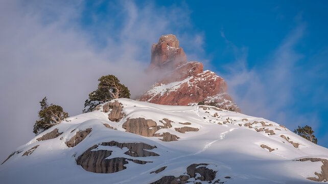 Snowy mountain peak with red rock formation and scattered pine trees - Powered by Adobe