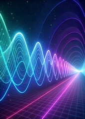 Colorful neon waves travel through a futuristic grid tunnel in outer space