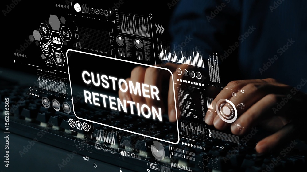 Poster Hands on Keyboard with Digital Customer Retention Data Visualization and Analytics Dashboard Concept. Asymptotic smart data analytic.
