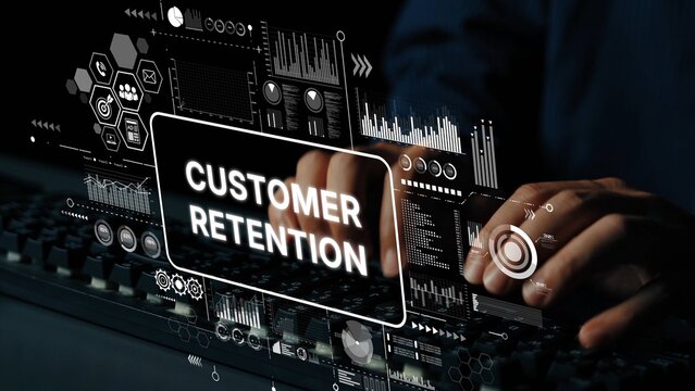 Hands on Keyboard with Digital Customer Retention Data Visualization and Analytics Dashboard Concept. Asymptotic smart data analytic.