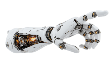 Close up of a robotic arm, showcasing intricate details and futuristic design.