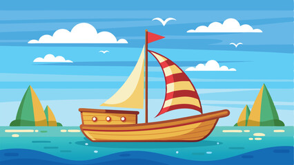 Fototapeta premium Cartoon Sailboat Sailing on Ocean Water with Sky, Clouds, and Island Mountains View