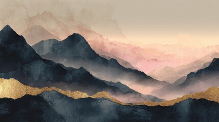 Mountain background vector. Minimal landscape art with watercolor brush and golden line art texture. Abstract art wallpaper for prints, Art Decoration, wall arts and canvas prints. , no logos, no bra