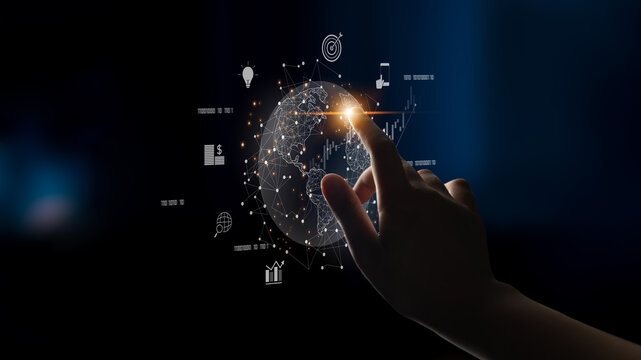 Global business network connecting digital economy and data exchange. Global business expands market, business shares data, global drives finance, and global business supports insight. Latch - Powered by Adobe