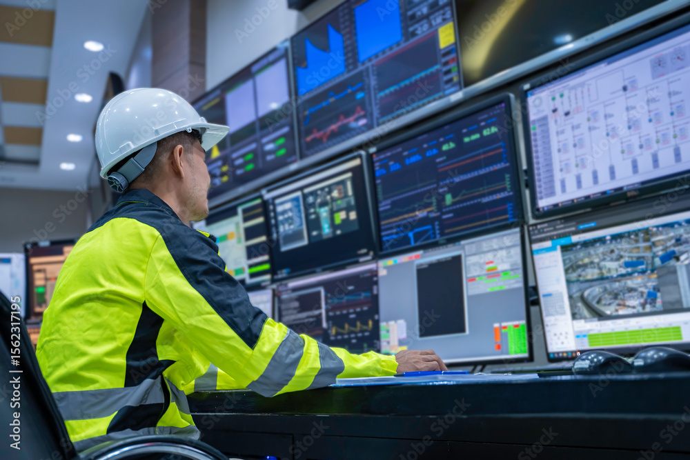 Wall mural engineer working at control room, manager control system, technician man monitoring program from a l