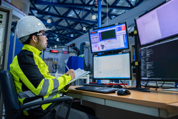 Engineer working at control room,Manager control system,Technician man monitoring program from a...