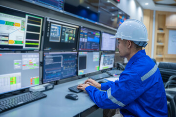 Engineer working at control room, Manager control system, Technician man monitoring program from a lot of monitor.Specialist observes analytics dashboard,operator inspects digital interface