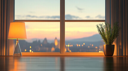Cozy interior scene featuring warm lit lamp and potted plant on wooden floor, with large window offering blurred twilight cityscape view. atmosphere is serene and inviting