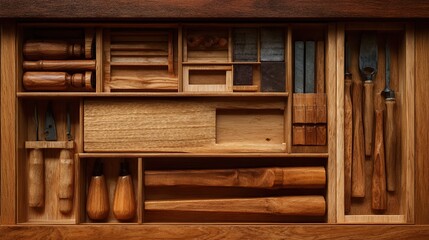 Open drawers revealing the interior of a wooden cabinet, showcasing craftsmanship and organization