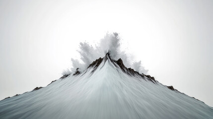 Dramatic depiction of mountain peak with surreal wave like effect, resembling water cascading down its slopes, under foggy and overcast sky