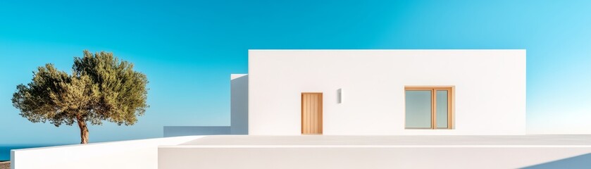 Minimalist White House with Tree, Blue Sky, Architecture, Design