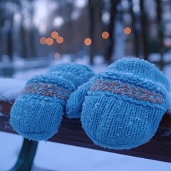 Cozy winter gloves resting on a park bench covered in snow
