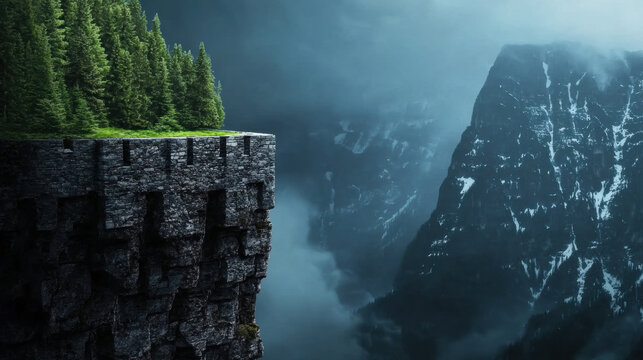 Dramatic cliff edge covered with lush green pine trees overlooks misty mountain valley. rugged stone cliff contrasts with atmospheric fog and towering snow capped peaks in background - Powered by Adobe