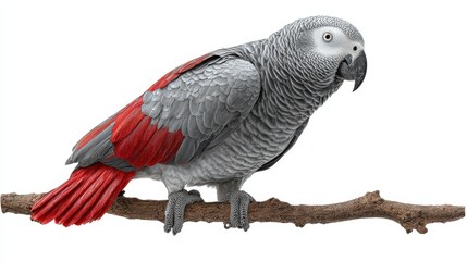 Obraz premium African grey parrot with striking red tail feathers, calmly perched on a branch isolated on white.