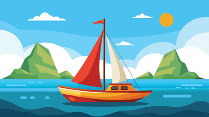 Naklejka premium Illustration of a Sailboat Sailing on Blue Water with Mountains, Sky, Sun and Clouds