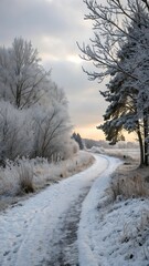 Snowy path winding through a winter landscape with frost covered trees
