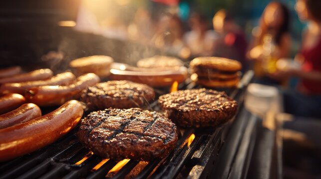 Close-up of a grill sizzling with burgers and hot dogs, with people laughing in the blurred background at a sunny outdoor barbecue